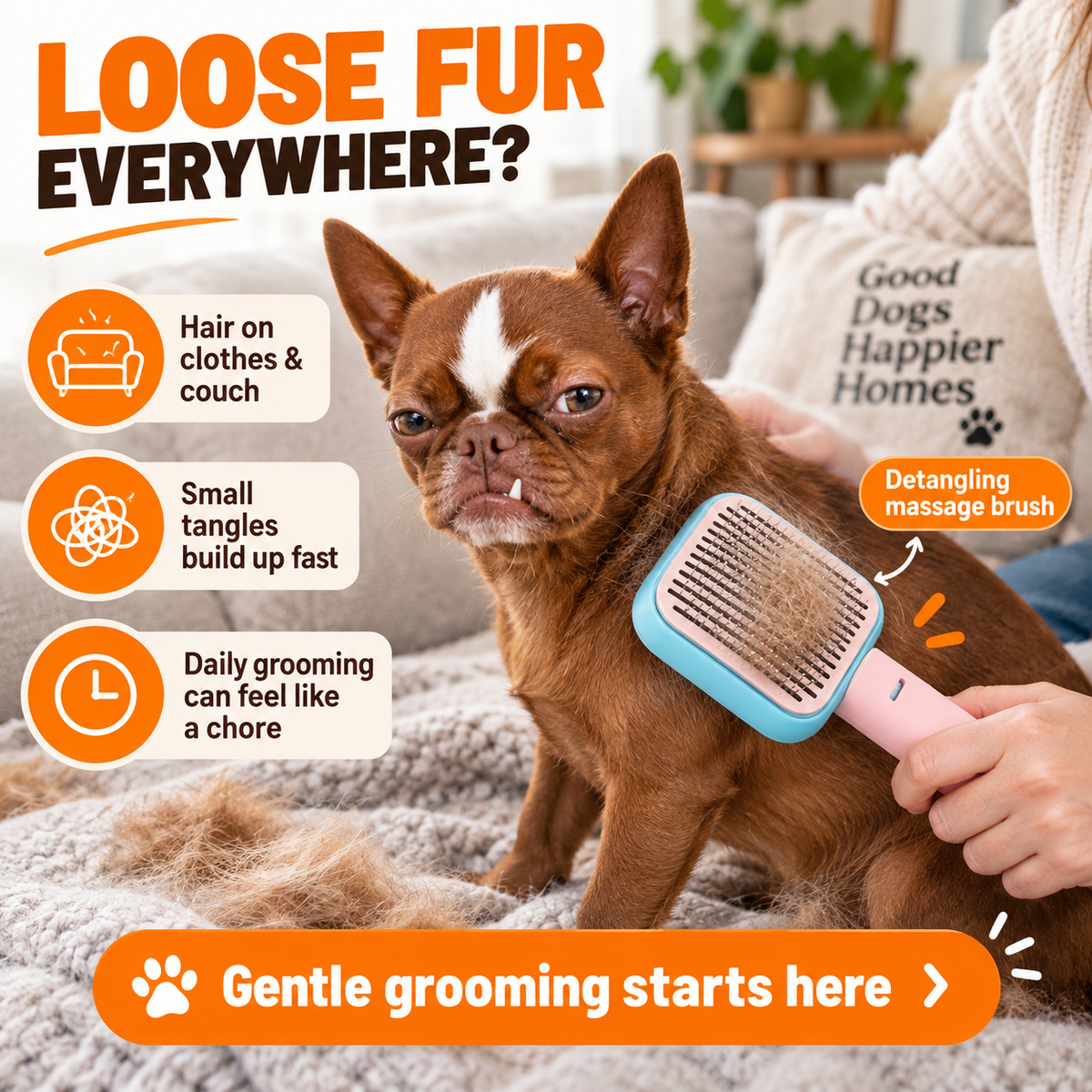 Pet Hair Grooming Brush for Dogs & Cats, Detangling Massage Comb