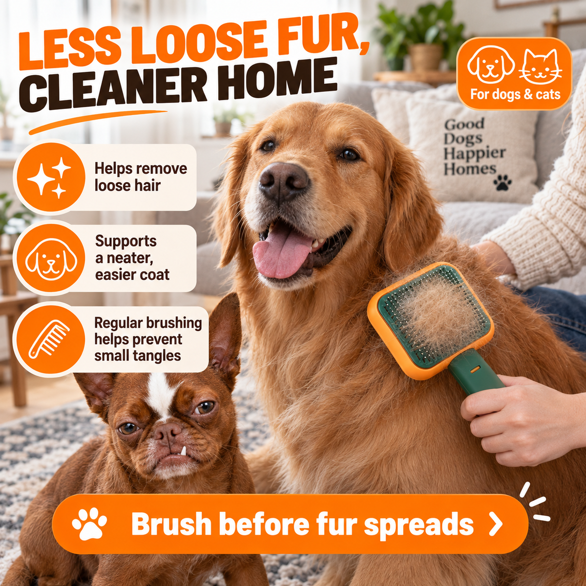 Pet Hair Grooming Brush for Dogs & Cats, Detangling Massage Comb