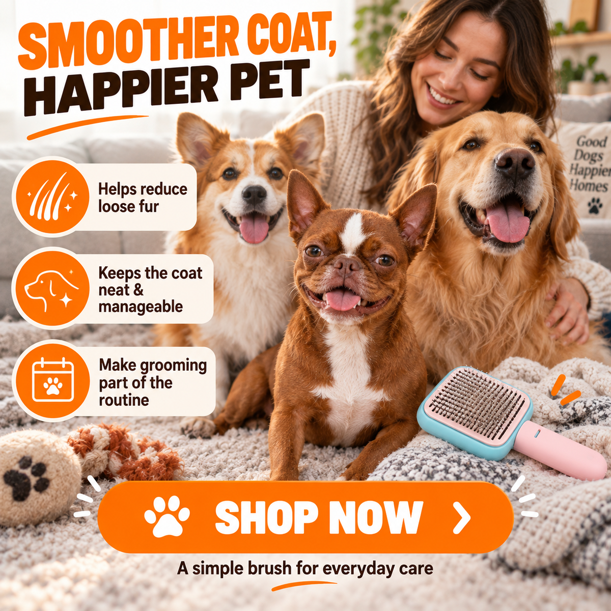 Pet Hair Grooming Brush for Dogs & Cats, Detangling Massage Comb