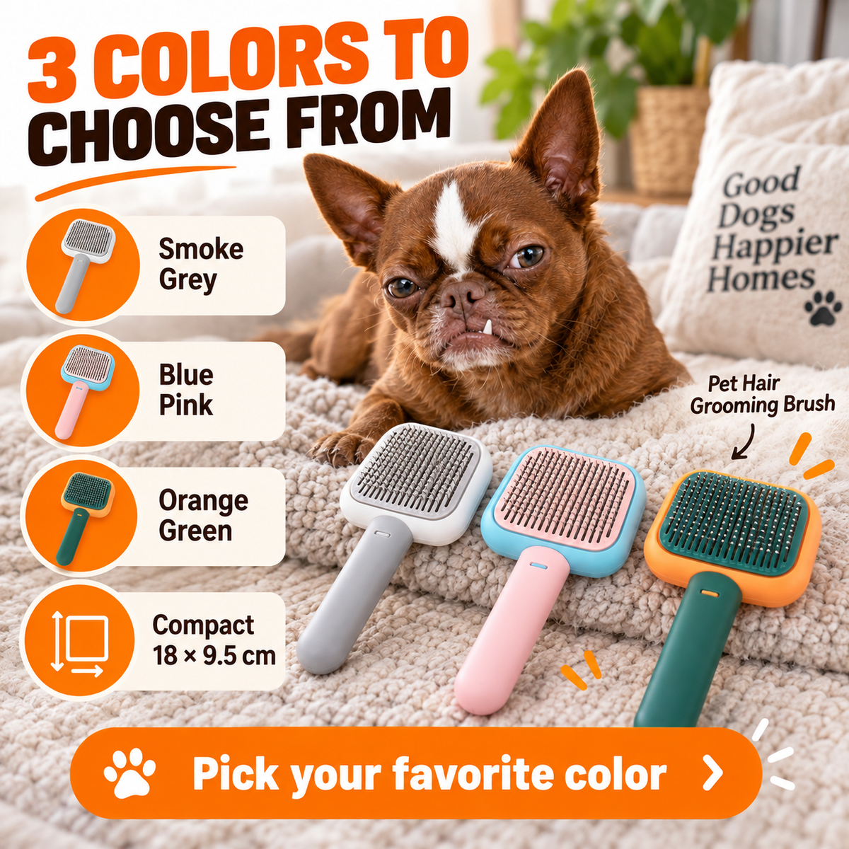 Pet Hair Grooming Brush for Dogs & Cats, Detangling Massage Comb