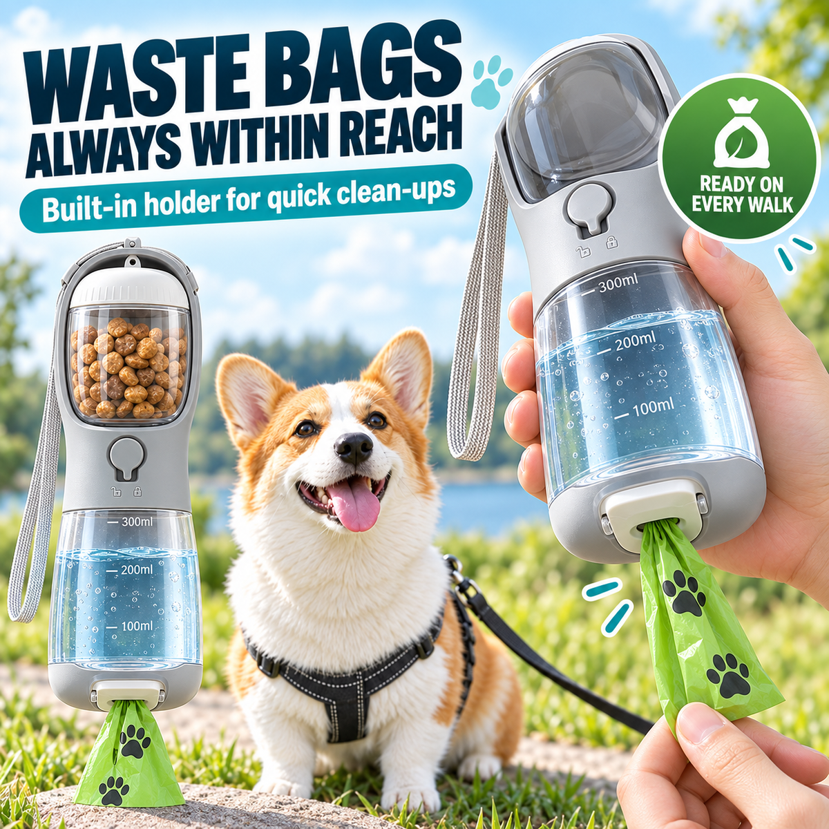 3-in-1 Portable Dog Water Bottle, Food Container & Waste Bag Holder