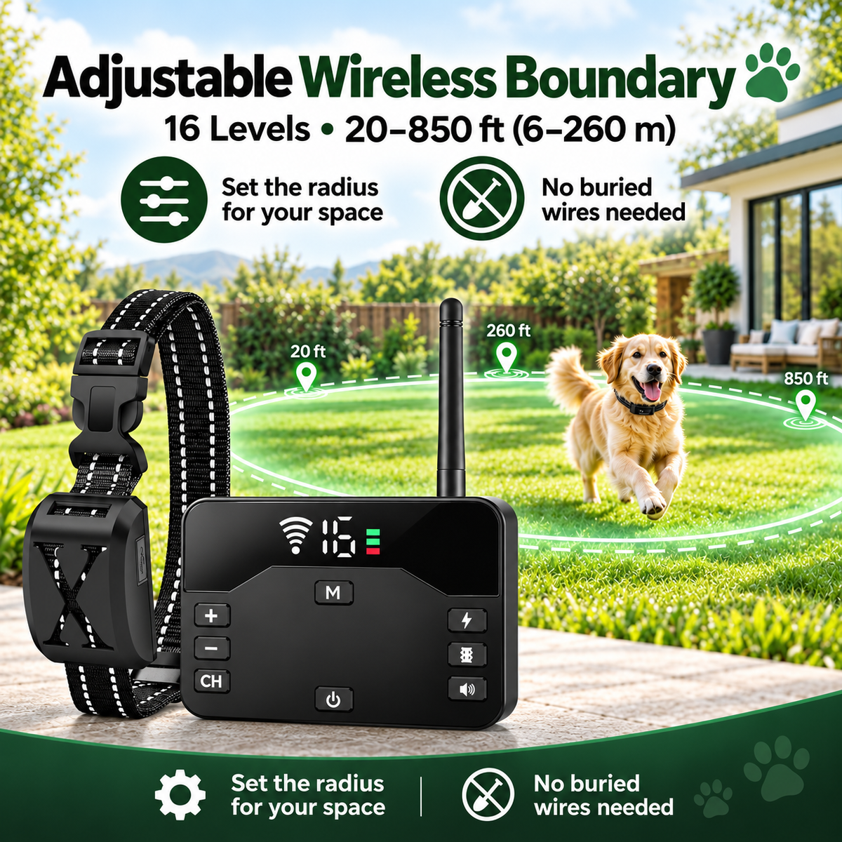 Wireless Dog Fence System with Training Collar, Waterproof Pet Boundary